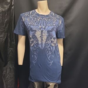 Throwdown Shirt Mens XL Blue Gray Tee MMA Fighter AOP Skulls Rare